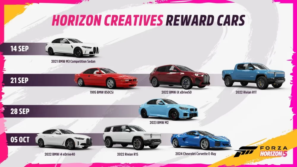 Electric and petrol vehicles for you to unlock during Horizon Creatives!
